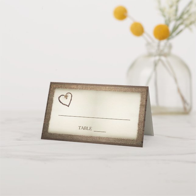 Wood, Burlap & Twine Heart Wedding Place Cards (Front)