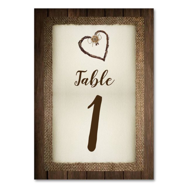 Wood, Burlap & Twine Heart Wedding Table Numbers (Front)