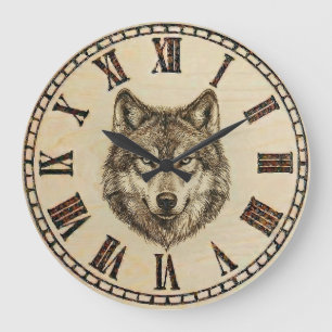 Wood Burned Wolf Rustic Wall Clock