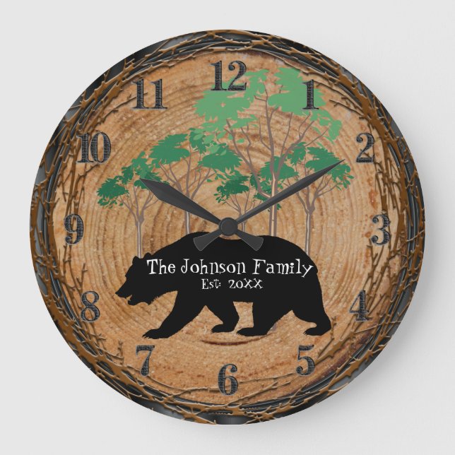 Wood Cabin with Black Bear Large Clock (Front)
