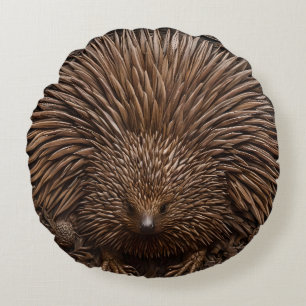 Wood Carved Australian Echidna, Round Pillow