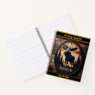 Wood-carved moose in a forest scene notebook