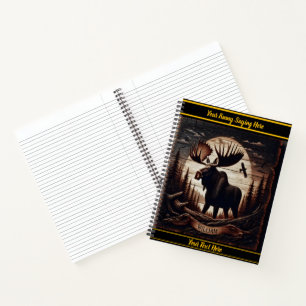 Wood-carved moose in forest setting notebook