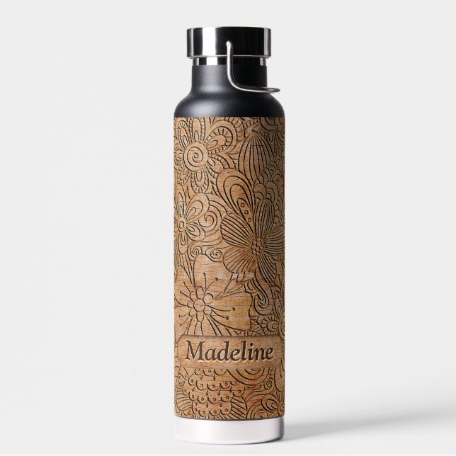 Wood Carvings Floral Pattern Add Name Water Bottle (Left)