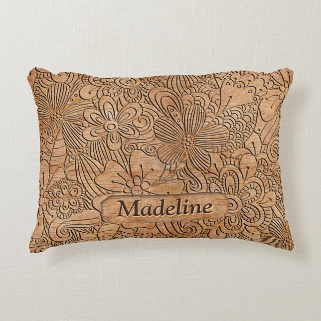 Wood Carvings Floral Pattern Personalized Accent Pillow (Front)