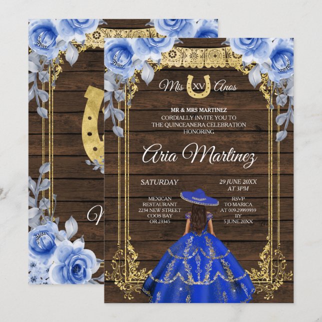 Wood Charro - Navy Roses Princess Mis Quince Invitation (Front/Back)