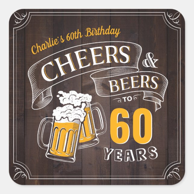 Wood Cheers And Beers Any Age Birthday Square Sticker (Front)