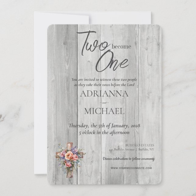 Wood Christian Two Become One Invitation (Front)