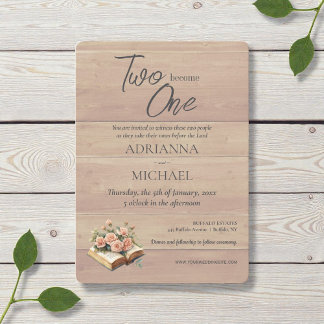 Wood Christian Two Become One Wedding Invitation