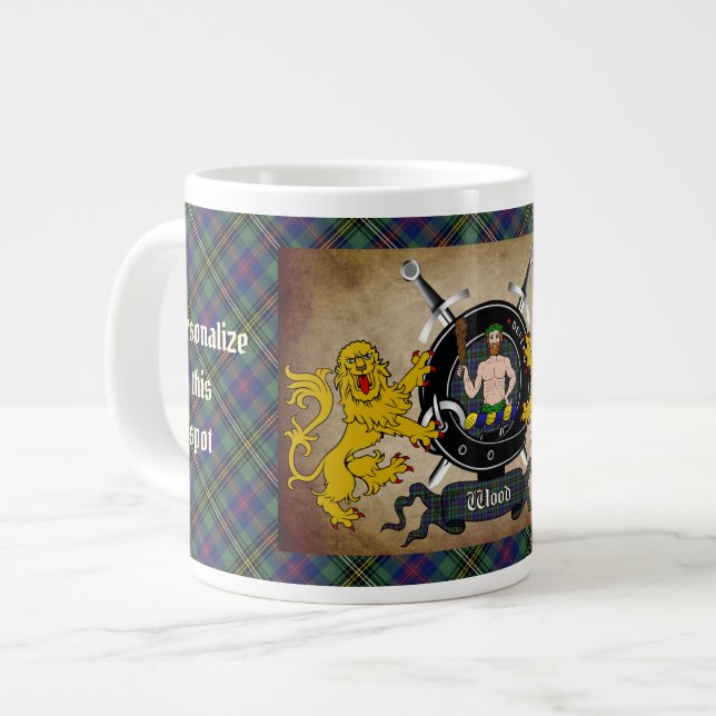 Wood Clan Badge & Tartan Personalized Large Coffee Mug (Front Left)