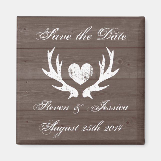 Wood country chic deer antler save the date magnet (Front)