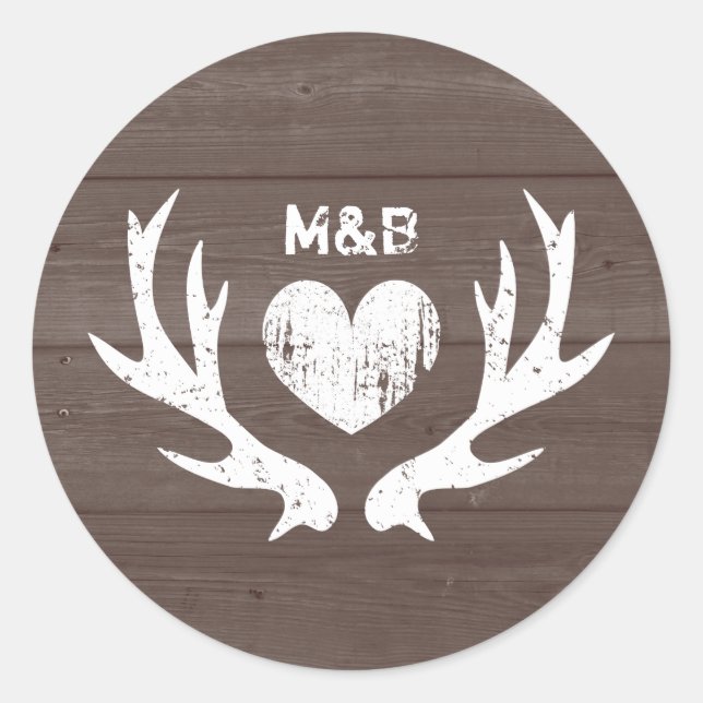 Wood country chic deer antler wedding stickers (Front)