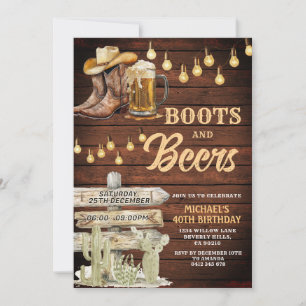 Wood Cowboy Boots & Beers Adult Birthday Party Invitation