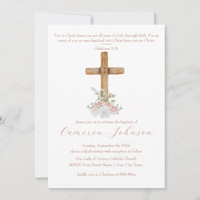 Wood Cross White and Blush Flowers Baptism Invitation (Front)