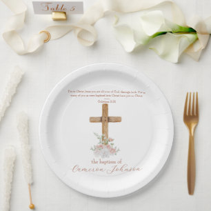 Wood Cross White & Blush Baptism Bible Verse Paper Plate