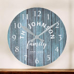 Wood Custom Family Name Rustic Beach House Round Clock<br><div class="desc">The Blue wooden farm house style wall clock is perfect for your country Beach House kitchen or Living Room. Customize with your family name and established year for a unique and personalized birthday or Christmas gift.</div>