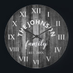 Wood Custom Family Name Rustic Farmhouse Large Clock<br><div class="desc">The grey (grey) wooden farm house style wall clock is perfect for your country farmhouse kitchen or living room. Customize with your family name and established year for a unique and personalized birthday or Christmas gift.</div>