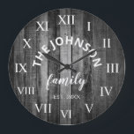 Wood Custom Family Name Rustic Farmhouse Large Clock<br><div class="desc">The grey (grey) wooden farm house style wall clock is perfect for your country farmhouse kitchen or living room. Customize with your family name and established year for a unique and personalized birthday or Christmas gift.</div>