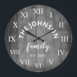 Wood Custom Family Name Rustic Farmhouse Large Clock<br><div class="desc">The grey (grey) wooden farm house style wall clock is perfect for your country farmhouse kitchen. Customize with your family name and established year for a unique and personalized birthday or Christmas gift.</div>