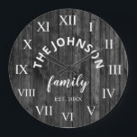 Wood Custom Family Name Rustic Farmhouse Large Clock<br><div class="desc">The grey (grey) wooden farm house style wall clock is perfect for your country farmhouse kitchen. Customize with your family name and established year for a unique and personalized birthday or Christmas gift.</div>