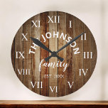 Wood Custom Family Name Rustic Farmhouse Round Clock<br><div class="desc">The brown wooden farm house style wall clock is perfect for your country farmhouse kitchen or living room. Customize with your family name and established year for a unique and personalized birthday or Christmas gift.</div>