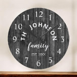 Wood Custom Family Name Rustic Farmhouse Round Clock<br><div class="desc">The grey (grey) wooden farm house style wall clock is perfect for your country farmhouse kitchen. Customize with your family name and established year for a unique and personalized birthday or Christmas gift.</div>