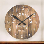 Wood Custom Family Name Rustic Farmhouse Round Clock<br><div class="desc">The brown wooden farm house style wall clock is perfect for your country farmhouse kitchen. Customize with your family name and established year for a unique and personalized birthday or Christmas gift.</div>