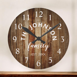 Wood Custom Family Name Rustic Farmhouse Round Clock
