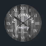 Wood Custom Family Name Rustic Farmhouse Round Clock<br><div class="desc">The grey (grey) wooden farm house style wall clock is perfect for your country farmhouse kitchen or living room. Customize with your family name and established year for a unique and personalized birthday or Christmas gift.</div>