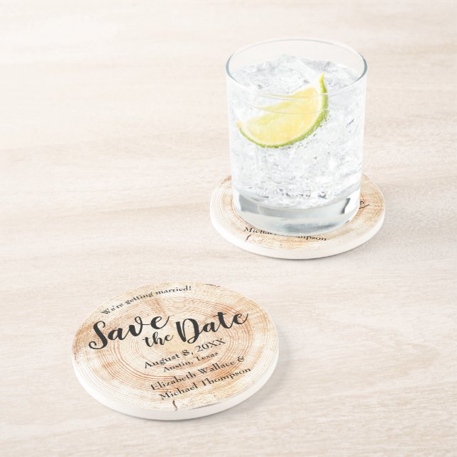 Wood Cut full Names Rustic Save the date Coaster (Side)