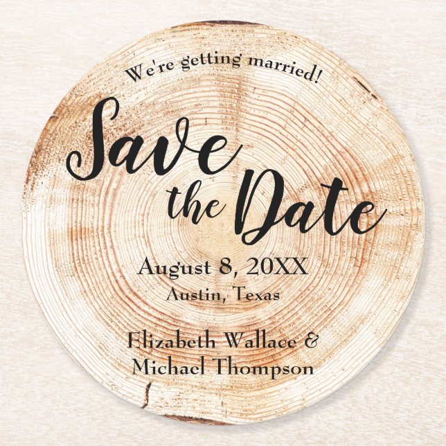 Wood Cut full Names Rustic Save the date Round Paper Coaster (Front)