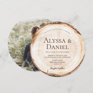 Wood Cut Slice Custom Photo Rustic Wedding  Invitation