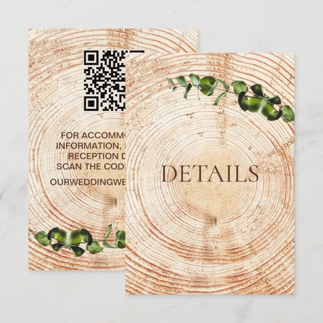 Wood Cut slice greenery Wedding Details QR code  Enclosure Card (Front/Back)