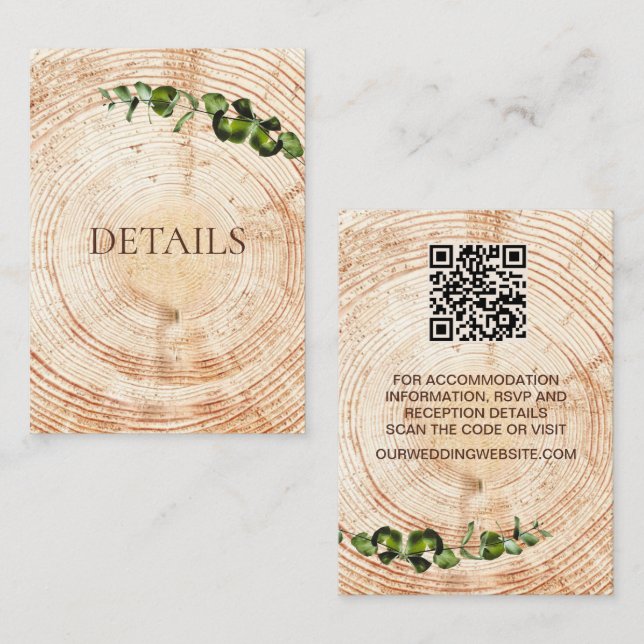 Wood Cut slice greenery Wedding Details QR code  Enclosure Card (Front/Back)
