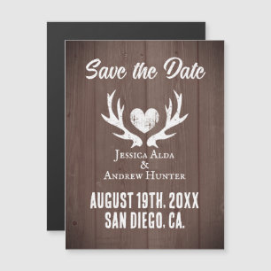 Wood deer antler heart magnetic save the date card