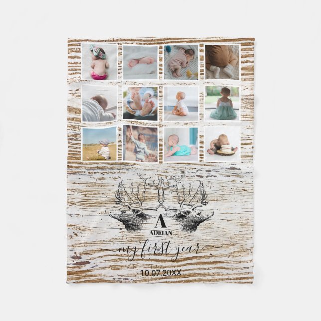 Wood Deer Baby's First Year Photo Collage Fleece Blanket (Front)
