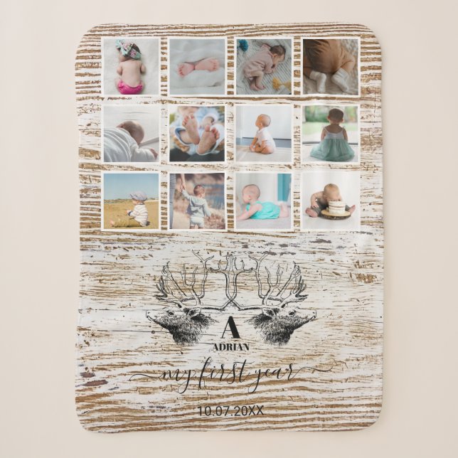 Wood Deer Baby's First Year Photo Collage Sherpa Blanket (Front)