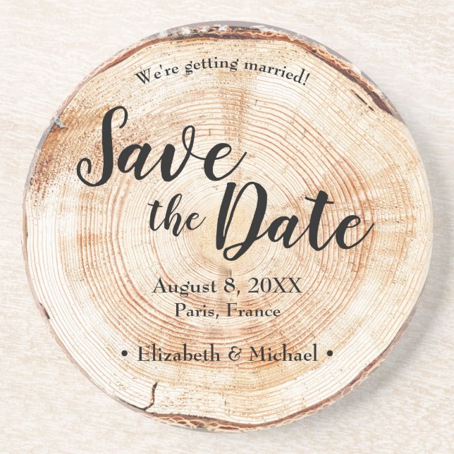 Wood Disc Custom Save the Date Rustic Wedding Coaster (Front)