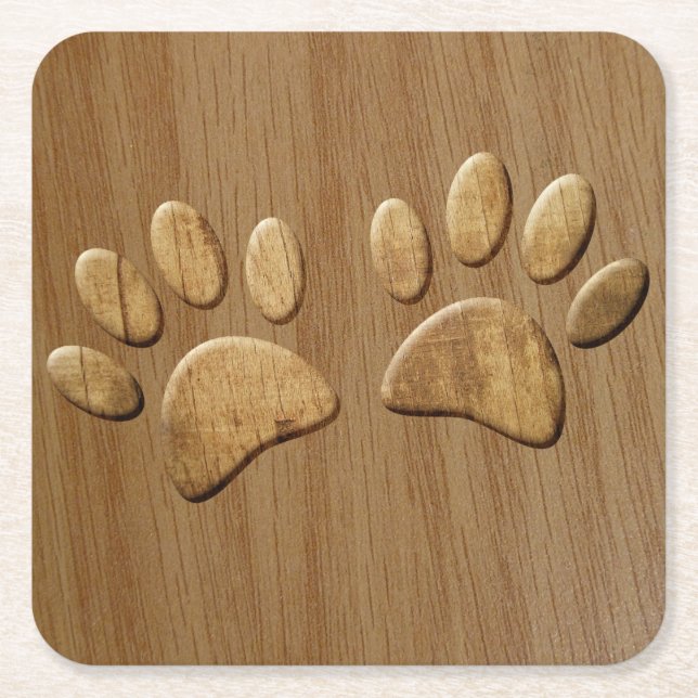 Wood Dog Paw Prints Square Paper Coaster (Front)