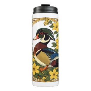 Wood Duck Aix sponsa and Jasmine Flowers Illustrat Thermal Tumbler