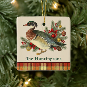 Wood Duck and Festive Holiday Greenery and Plaid Ceramic Ornament