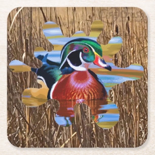 Wood Duck Disposable Coasters, Duck Hunting Square Paper Coaster