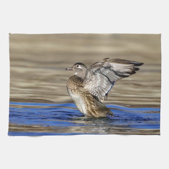 Wood Duck flapping her wings Kitchen Towel (Horizontal)