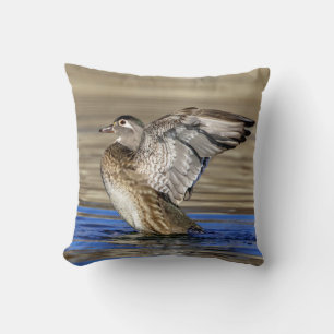 Wood Duck flapping her wings Throw Pillow