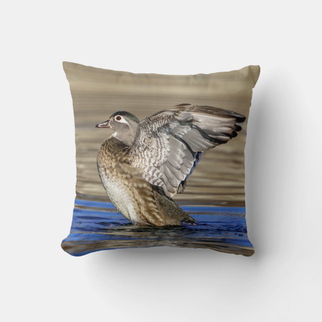 Wood Duck flapping her wings Throw Pillow (Front)