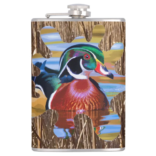 Wood Duck Flask, Duck Hunting Hip Flask (Front)