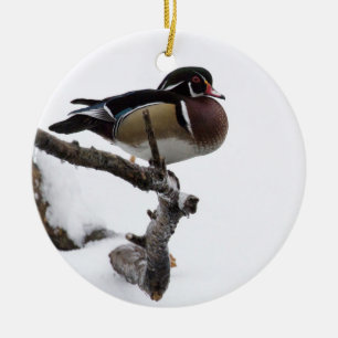 Wood Duck in Snow Ceramic Ornament