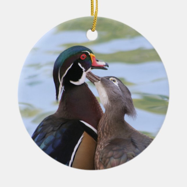 Wood Duck Kiss Ceramic Ornament (Front)