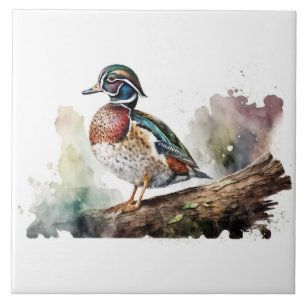 Wood Duck On a Solid White Background On A Log Tile