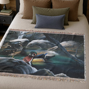 Wood Ducks Pair Pond Nature Wildlife Colourful Throw Blanket